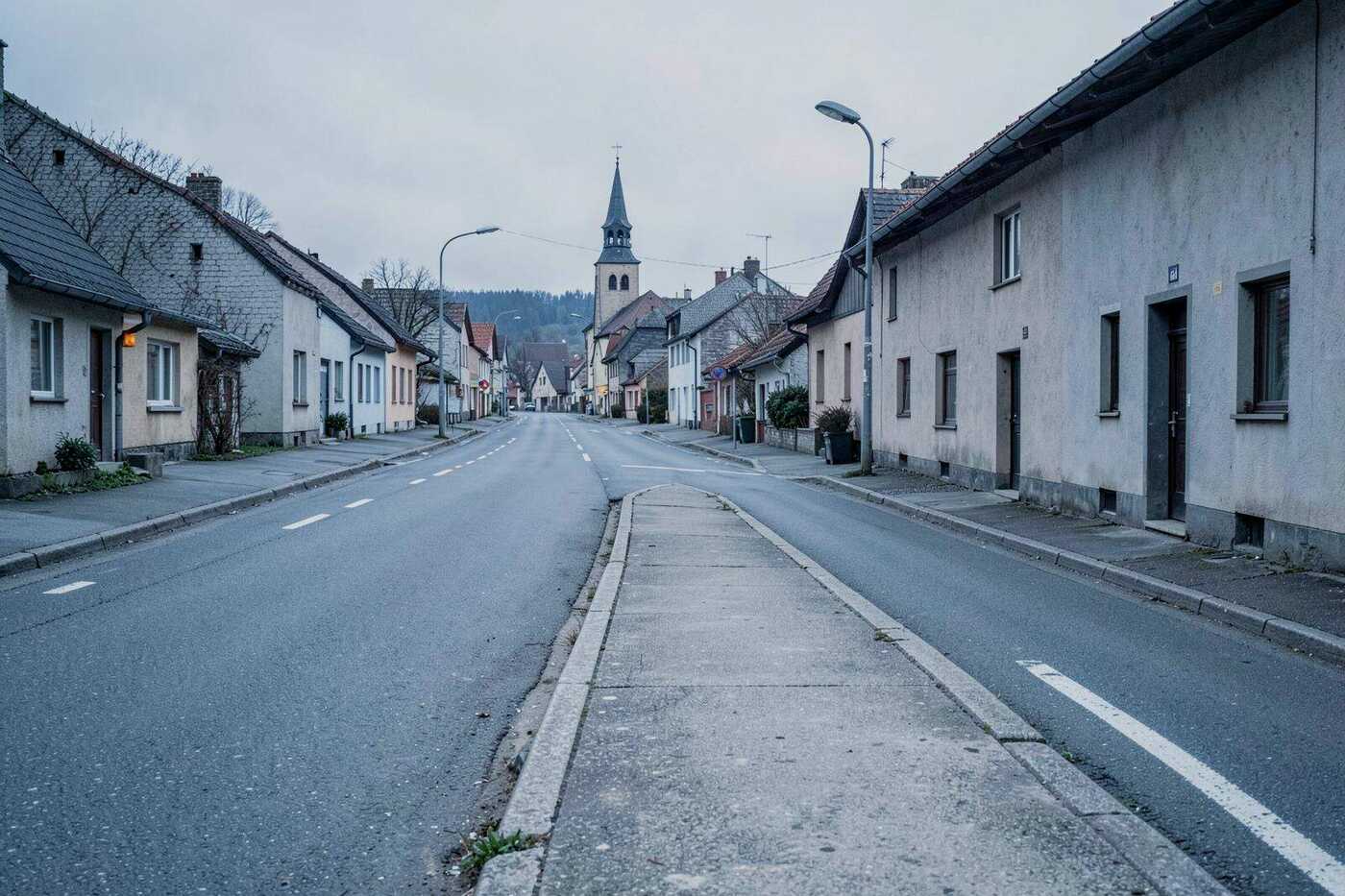 Hlavná ulica malej obce s novým chodníkom a obrubníkmi