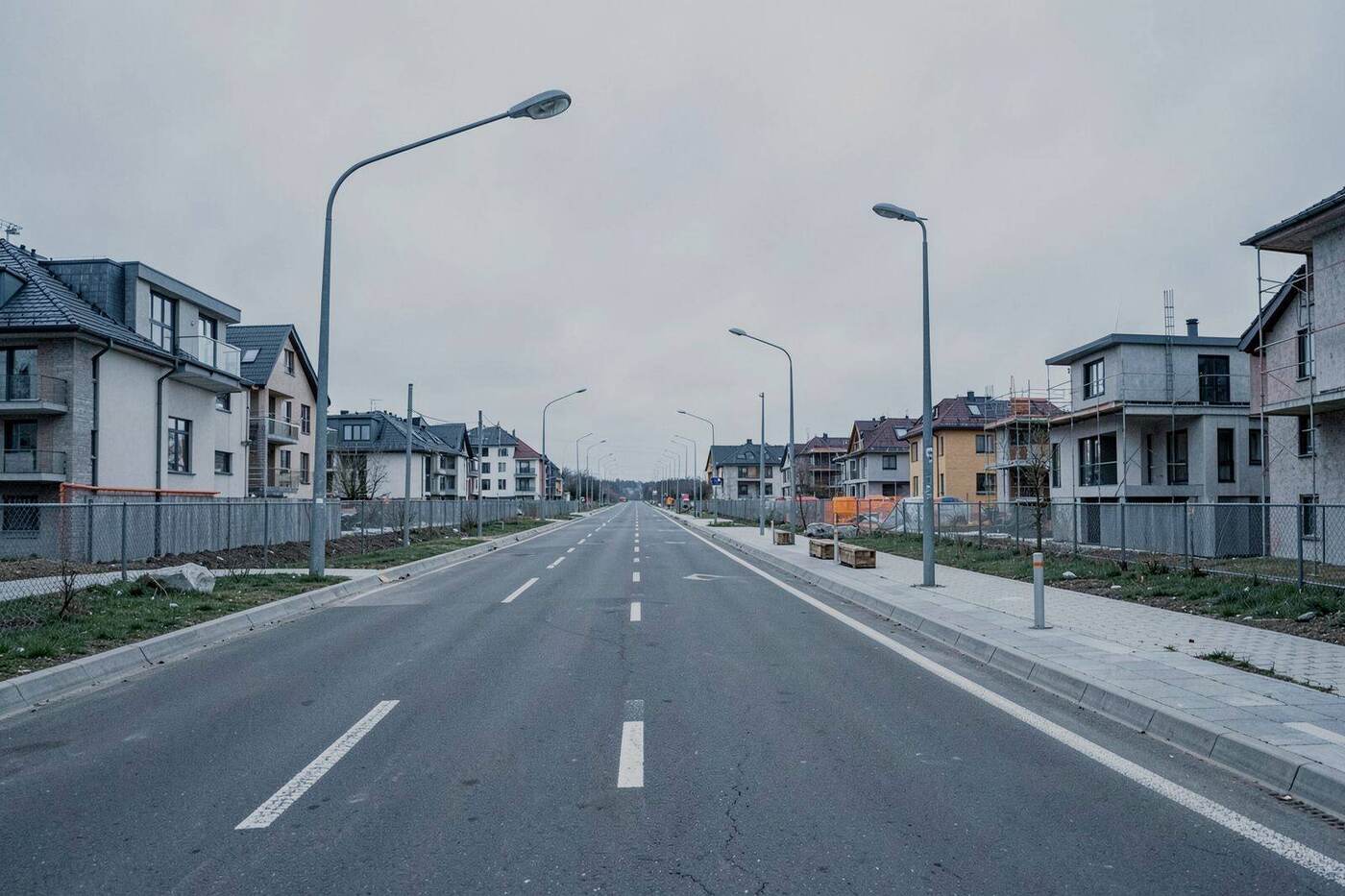 Nová ulica v obytnej zóne s obrubníkmi a stĺpmi verejného osvetlenia