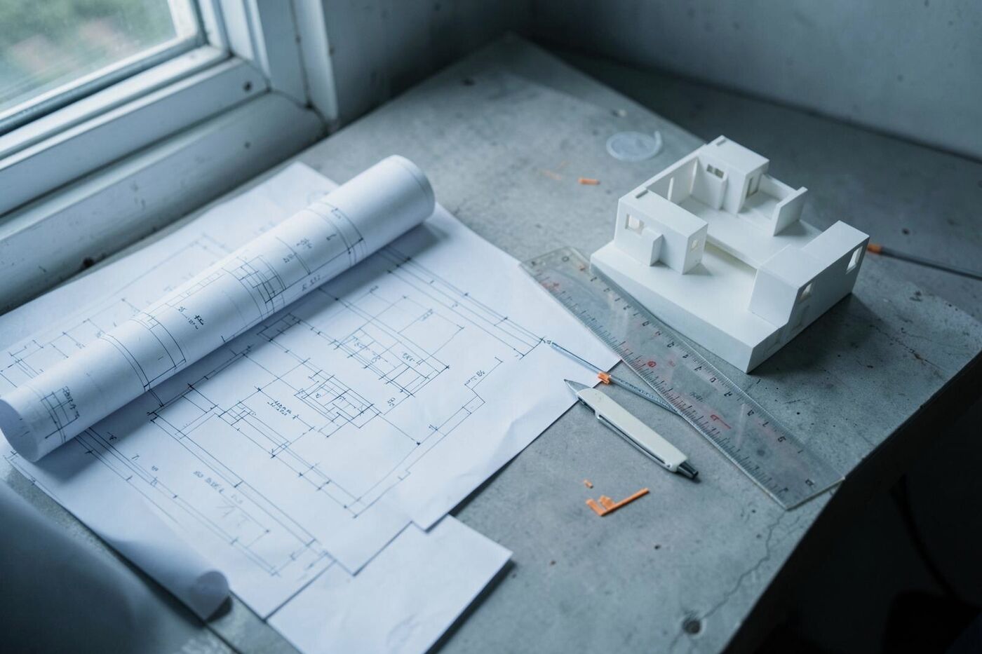 Pracovný stôl s technickými výkresmi, mierkou a bielym modelom budovy