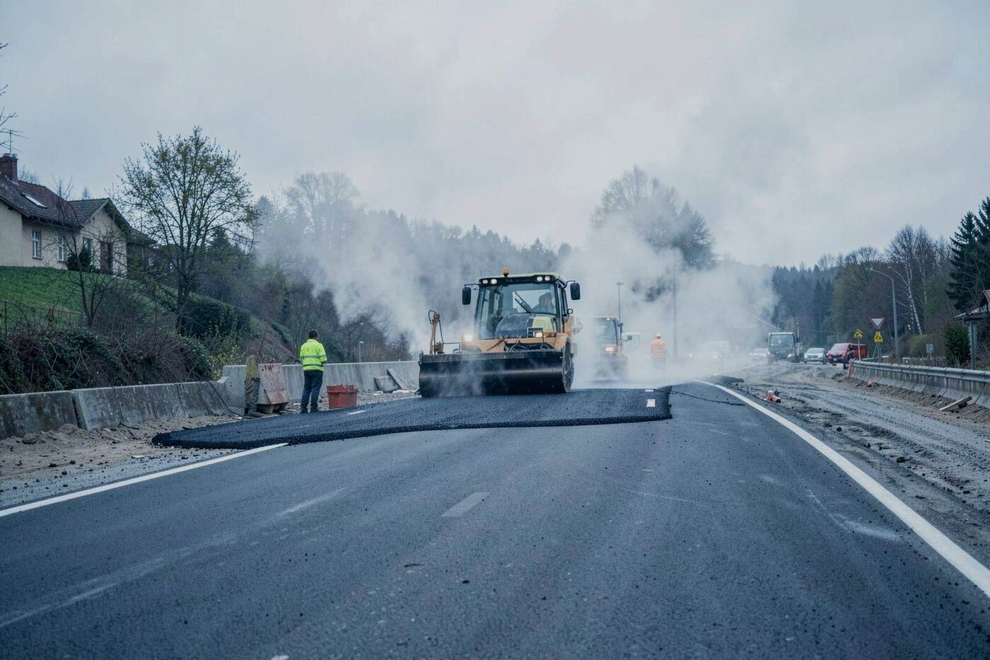 Finišer pokladá novú asfaltovú vrstvu na ceste